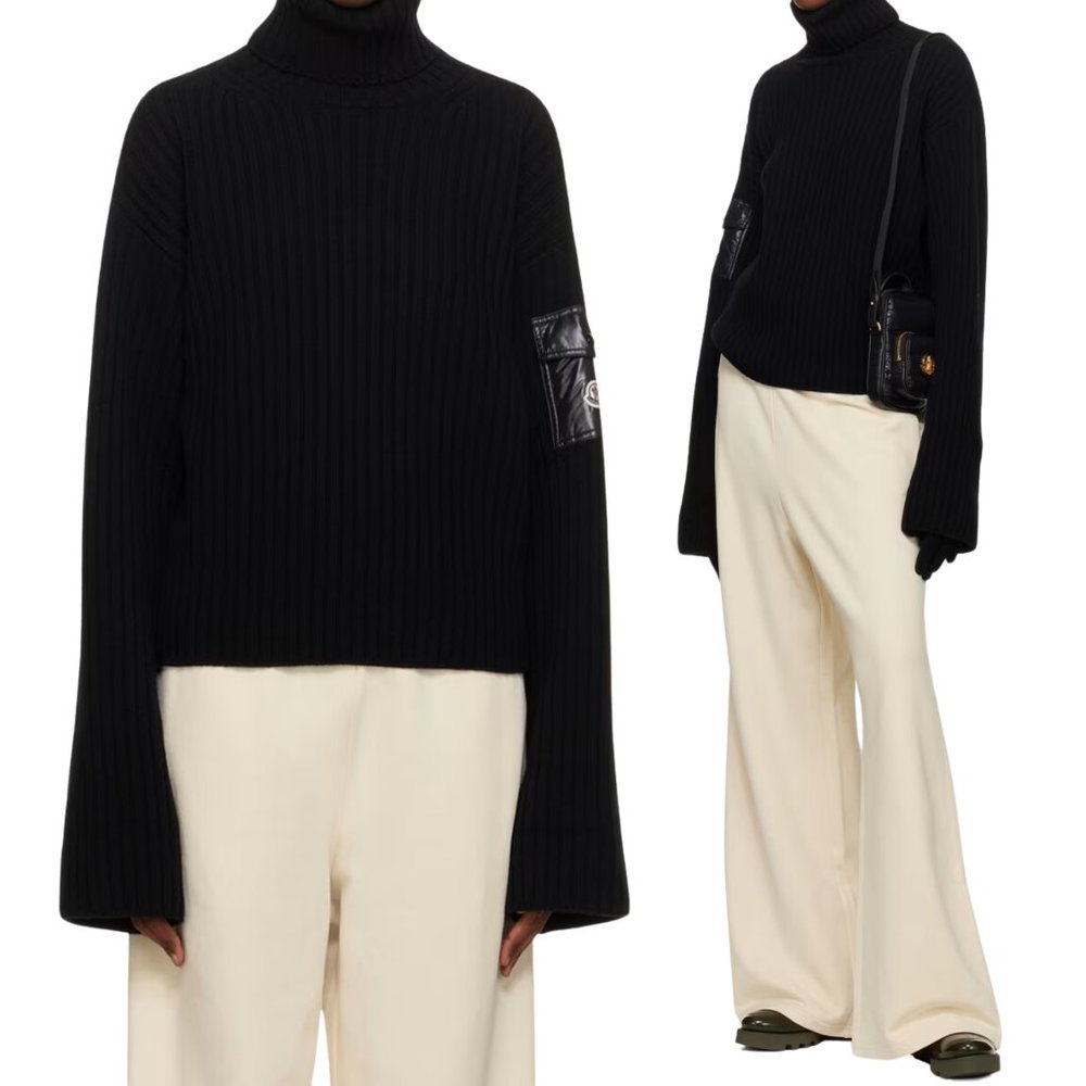 NEW Moncler Black Ribbed-Knit Wool Turtleneck Sweater | Jumper Pullover Knit